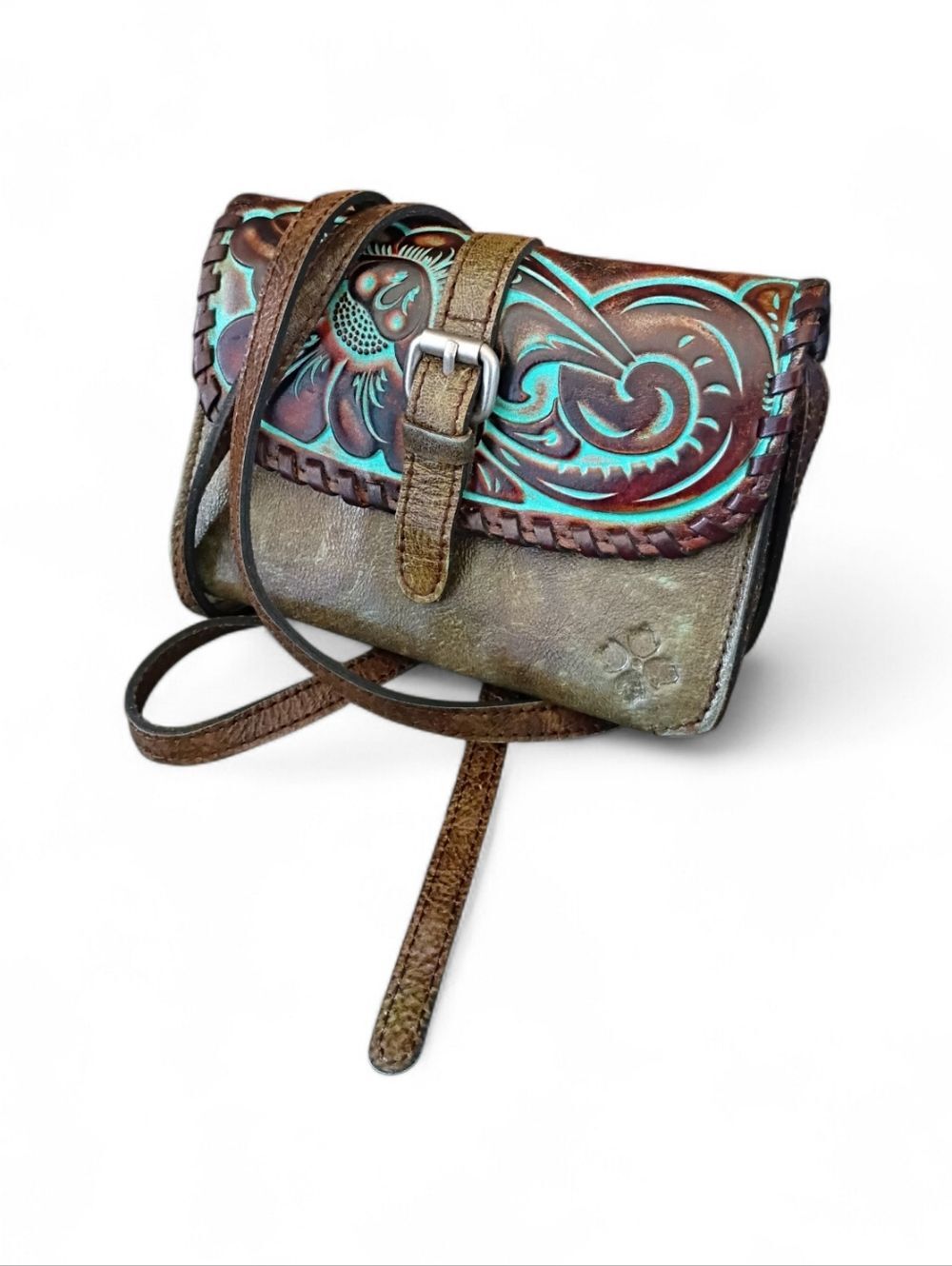 Patricia Nash Brown & Turquoise Torri Crossbody Tooled Leather Purse Bag Western - Picture 2 of 6